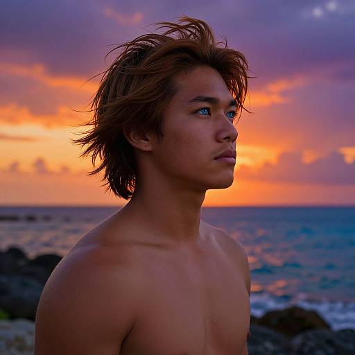 Photograph of a shirtless, young, attractive man with tousled brown hair, blue eyes, and tan skin, standing on a rocky beach at