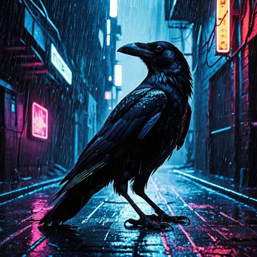 Cybernetic Raven in Neon Rain Alley