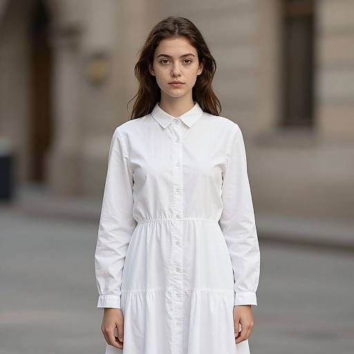 Photograph of a young woman with long, dark brown hair, wearing a plain white, long-sleeved dress, standing in an urban, blurred