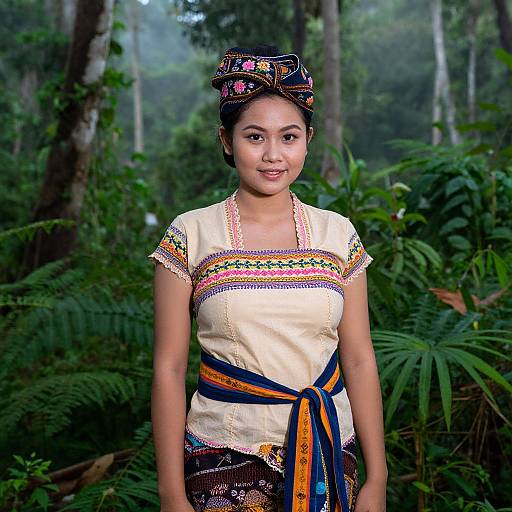 Photograph of a smiling Asian woman in a traditional, embroidered white blouse and blue sash, with intricate headscarf, standing in a lush,