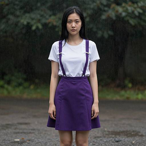 Asian Woman Standing in the Rain Wearing Purple Skirt