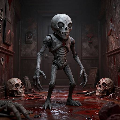 Photorealistic CGI: creepy skeletal robot with sharp claws, standing in dark, bloody hallway with three skulls on the floor.