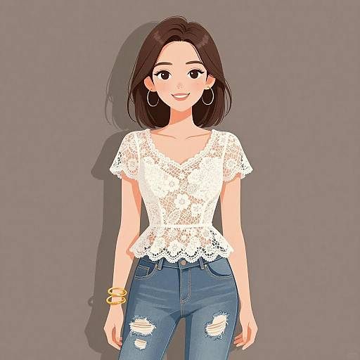 Smiling Woman in Floral Lace Top