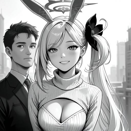 Monochrome Anime Duo with Animal Ears