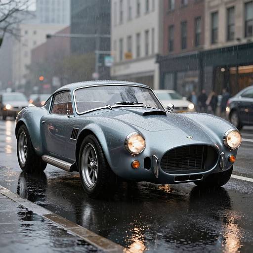 Photograph of a sleek, silver classic muscle car driving on a rain-soaked city street, headlights on, surrounded by blurred buildings and other cars.