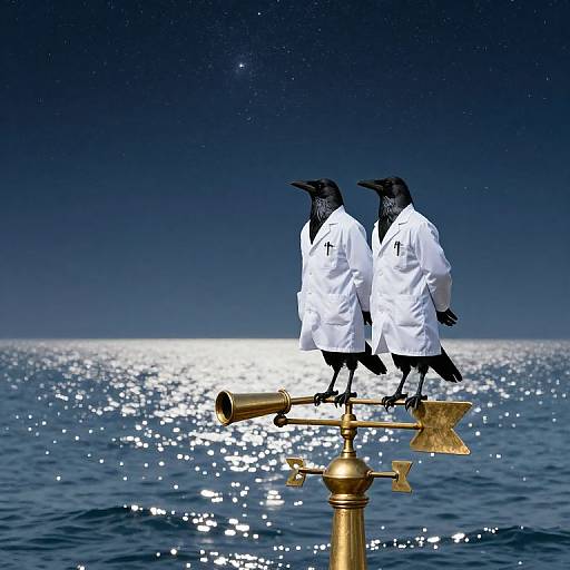 Photograph of two black crows in white lab coats standing on a golden weather vane against a starry night ocean horizon.