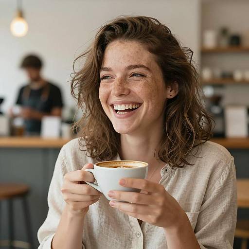 Freckled Woman Laughing Over Coffee