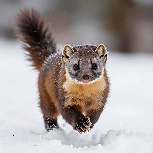 Macro Pine Marten Sprinting in Snow