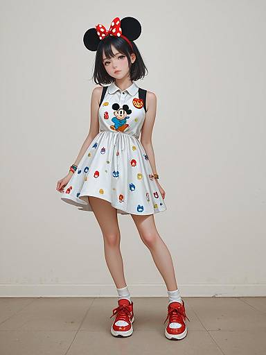 Photograph of an Asian woman in a white Minnie Mouse dress with colorful patterns, red sneakers, and black bow headband. She stands against a