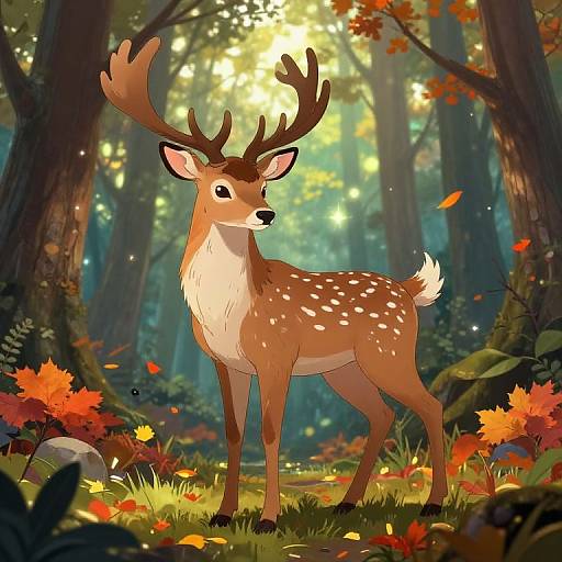 Digital illustration of a cute, brown deer with white spots and large antlers standing in a sunlit autumn forest, surrounded by colorful leaves and tall trees