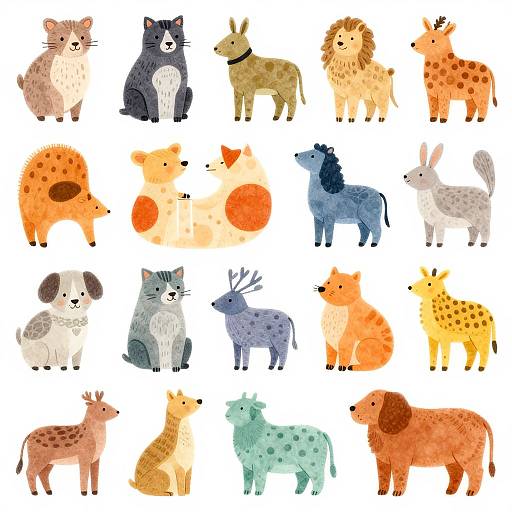 Colorful digital illustration of 20 diverse cartoon animals, including foxes, wolves, giraffes, and deer, arranged in a 4x
