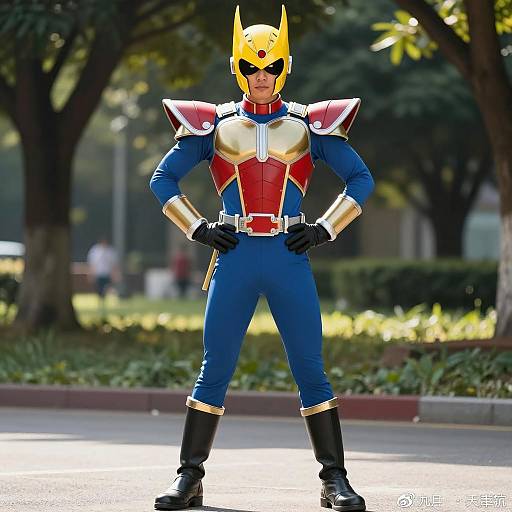 Superhero in Blue and Gold Armor Costume