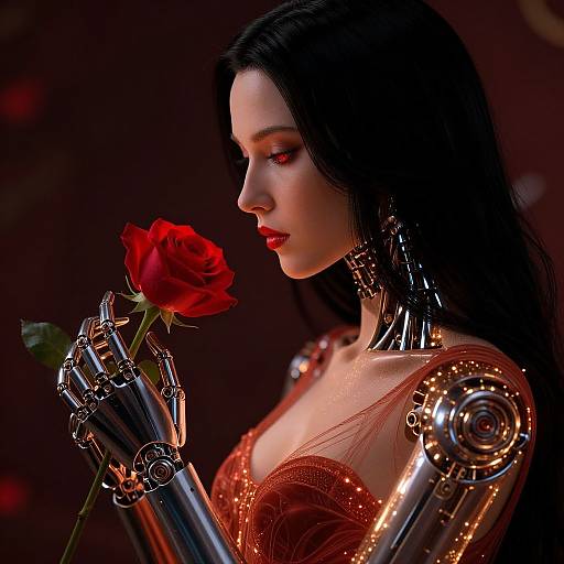Digital art of a cybernetic woman with long black hair, red lipstick, and metallic arms, gently holding a red rose against a dark, blurred