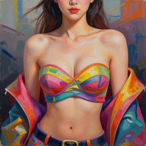 Digital painting of a fair-skinned woman with red lips, wearing a colorful strapless bandeau top and open neon jacket, against a vibrant abstract background