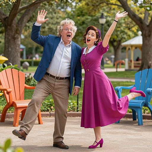 Photograph of an older man in a blue blazer and striped shirt, and a woman in a magenta dress, joyfully waving in a sunny