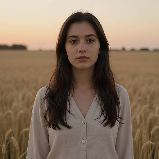 Photograph of a young woman with long dark hair, wearing a white button-up shirt, standing in a golden wheat field at sunset.