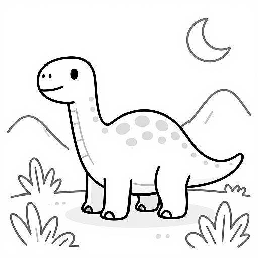 Black and white cartoon drawing of a smiling, spotted dinosaur standing in grass, with a crescent moon in the background.
