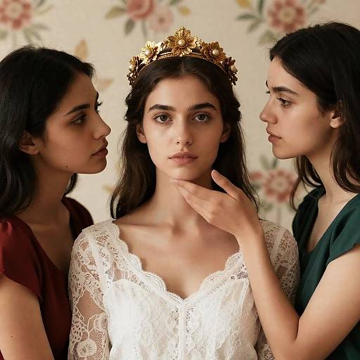 Three Women with Gold Floral Crown and Lace Dress