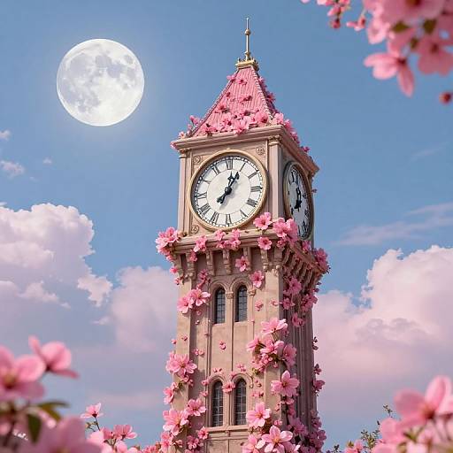 Photograph of a pink clock tower with blooming pink cherry blossoms, under a bright full moon in a clear blue sky.