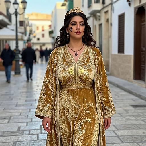 Photograph of a young woman with long black hair, wearing a gold, velvet, traditional Middle Eastern dress, standing on a sunlit, cobble