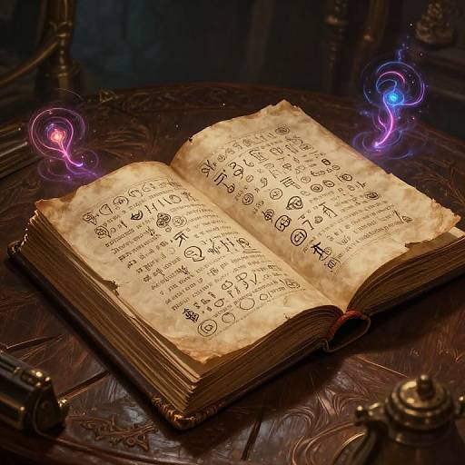 Ancient, weathered book with mystical runes and glowing pink and blue symbols on a dark, ornate wooden table. Photograph.