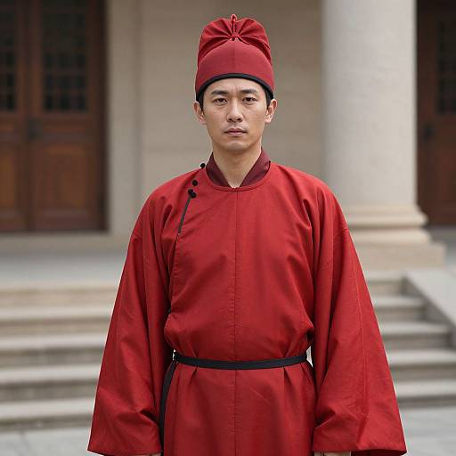 Photograph of an Asian man in red traditional Chinese ceremonial attire, including a high-crowned hat, standing in front of a building with stone steps and