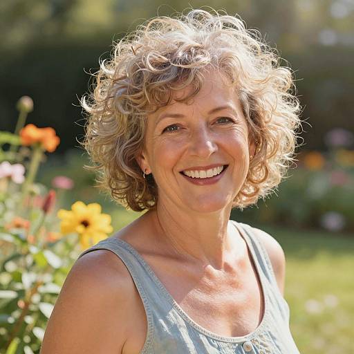 Photograph of a smiling middle-aged woman with curly blonde hair, wearing a light blue sleeveless top, standing in a sunny garden with colorful flowers in