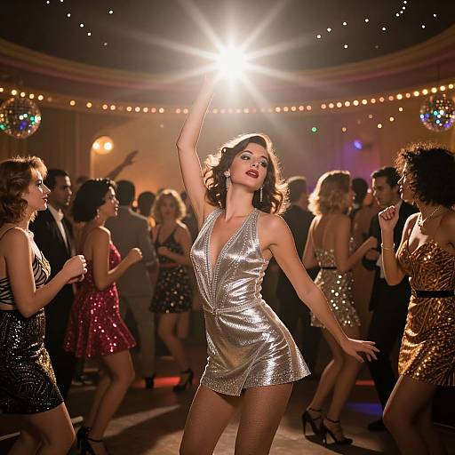 Photograph of a lively nightclub scene with a woman in a shimmering silver mini dress dancing under bright spotlight, surrounded by elegantly dressed men and women