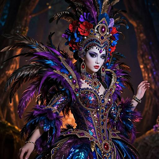 Photograph of a glamorous, white-masked woman in an elaborate, colorful, feathered and bejeweled costume, adorned with vibrant feathers and