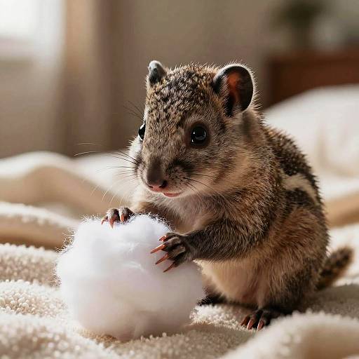 Close-up photograph of a small, brown, spotted ferret with black eyes, holding and nibbling on a fluffy white ball of yarn on a sun