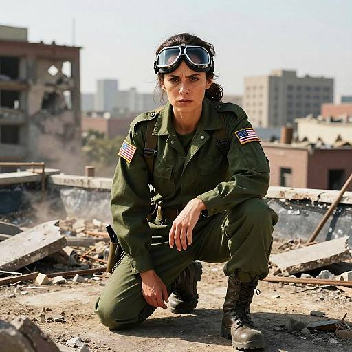 Photograph of a determined female soldier in green military uniform, goggles, and American flag patch, kneeling amidst rubble with a war-torn urban background.