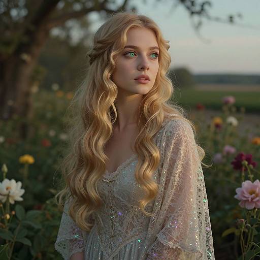 Photograph of a blonde woman with wavy hair, wearing a sparkly lace dress, standing in a blooming garden at sunset.