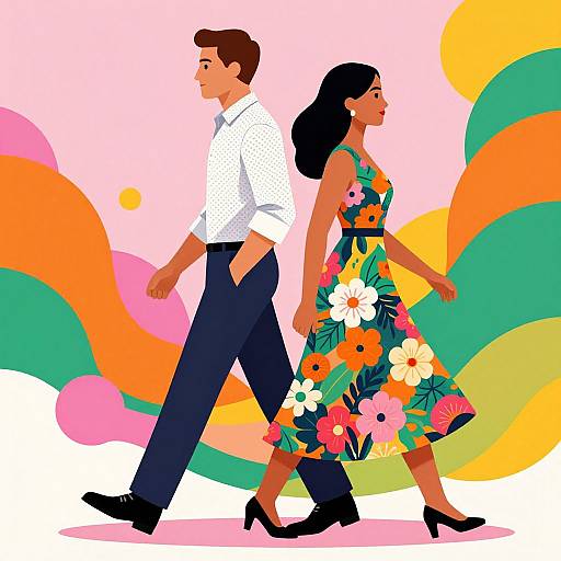 Illustration of a brown-haired man in a white polka-dot shirt and dark pants, and a black-haired woman in a floral dress, walking back
