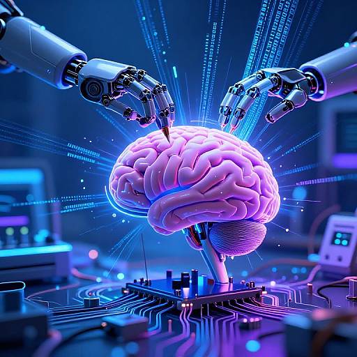 Digital artwork of a glowing, illuminated brain being scanned by robotic arms, surrounded by blue neon lights and circuitry.