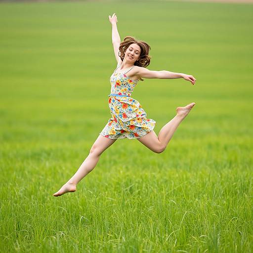 Photograph of a joyful, brown-haired woman in a colorful floral dress, mid-air leap, green grassy field background. Her arms and legs are
