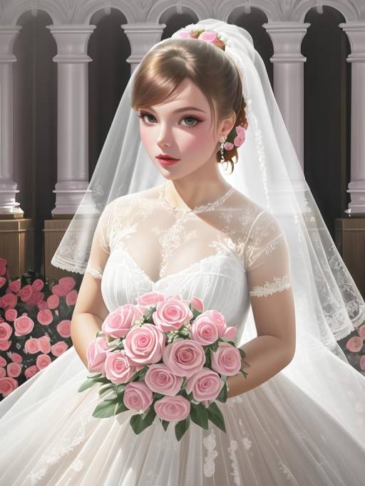 Bride in Wedding Dress Holding Pink Rose Bouquet