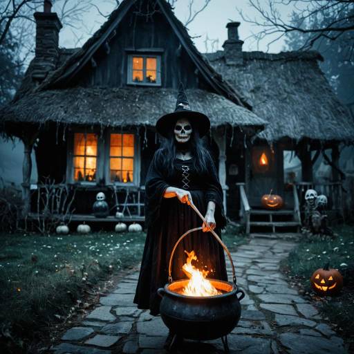 Witch with Cauldron and Skull Makeup in Front of Thatched Cottage