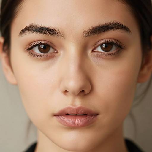 Close-up photograph of a young woman with fair skin, brown eyes, arched eyebrows, and natural pink lips, looking directly at the camera.
