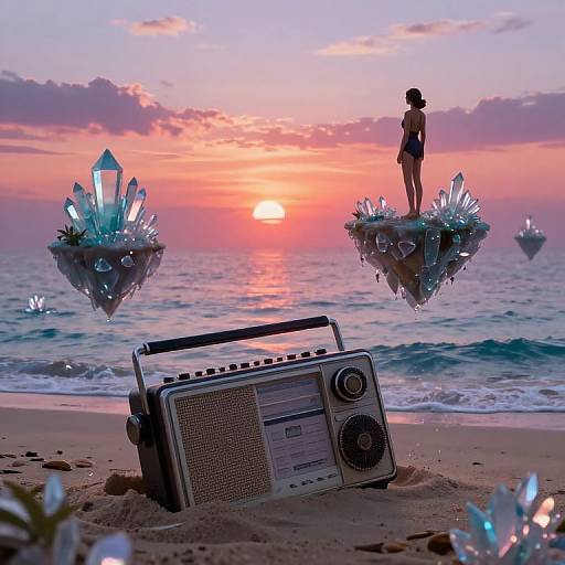 Digital artwork: Silhouetted woman in bikini stands on glowing crystal island at sunset, with floating crystals and vintage radio on sandy beach.