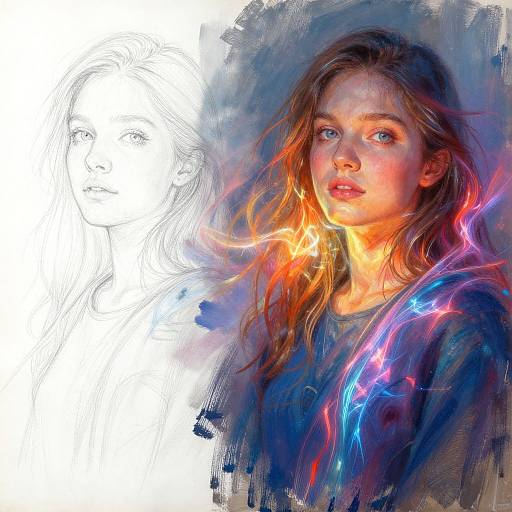 Digital painting of a young woman with glowing, multi-colored hair and intense blue eyes, blending into a sketchy, white background. Vibrant, painter
