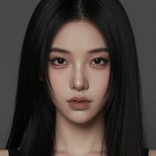Digital portrait of an East Asian woman with long black hair, pale skin, and intense brown eyes, set against a dark gray background.