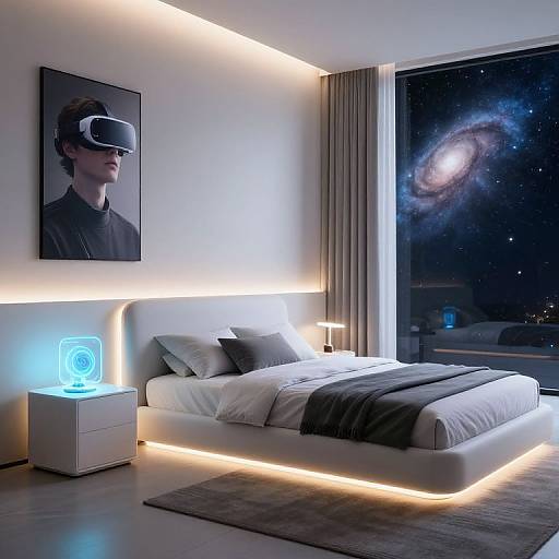 Modern, futuristic bedroom with a VR-headset-wearing portrait, illuminated bed, glowing nightstand, and galaxy-view window at night. Sleek,