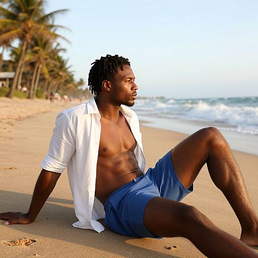 Muscular Man Relaxing on Beach Sunset