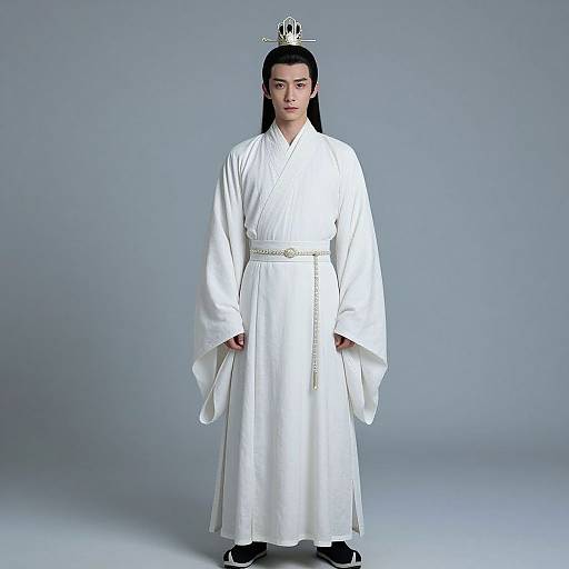 Photograph of a young Asian woman in a white traditional Korean hanbok with long sleeves, silver belt, and silver crown, standing against a plain