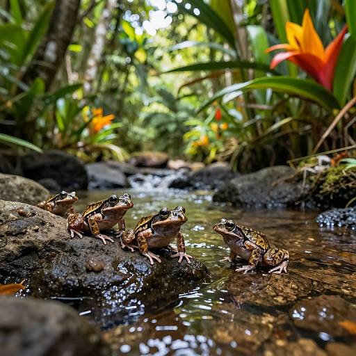 Photograph of five brown and green frogs perched on rocks in a vibrant, tropical forest stream, surrounded by lush greenery and bright orange helicon