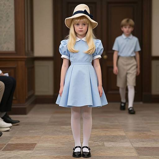 Photograph of a blonde girl in a light blue dress, white stockings, and black Mary Janes, wearing a white hat with a black bow,