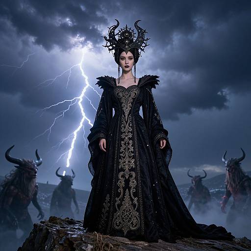 Photograph of a regal, dark-haired woman with a black, ornate gown and elaborate headdress, standing on a rocky ledge amidst a storm