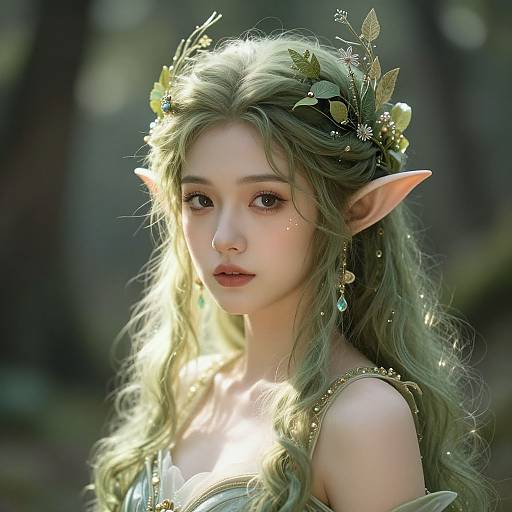 Digital art of an ethereal, green-haired elf woman with pointed ears, wearing a floral crown, glowing in a sunlit forest.