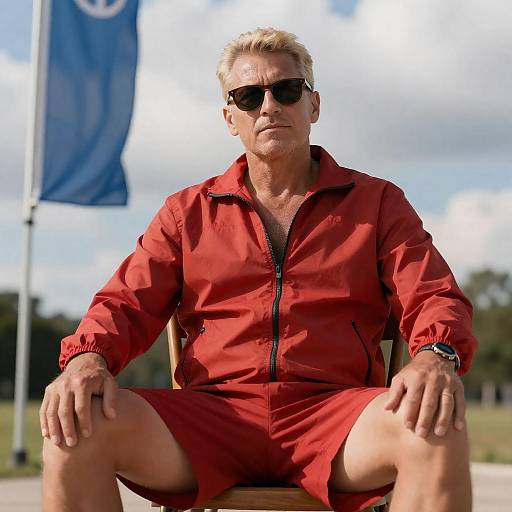 Confident Middle-Aged Man in Red Outfit Sitting Outdoors