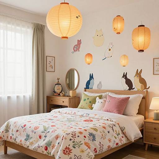 Cozy children's bedroom with floral bedding, wooden furniture, paper lanterns, wall stickers of cute animals, and soft natural light from a window.